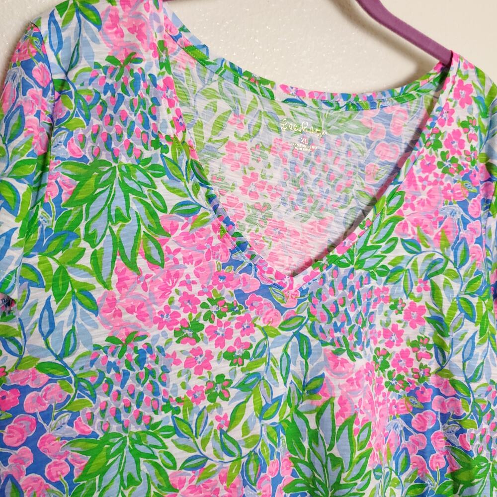 LILLY PULITZER Cotton Etta Vneck Short Sleeve Top Cherry On Top Casual Sz XL - Picture 4 of 11